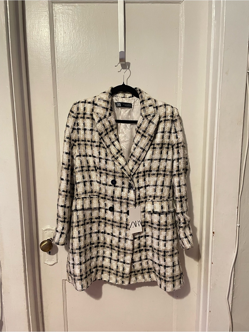 ZARA Black and White Tweed Double-Breasted Blazer